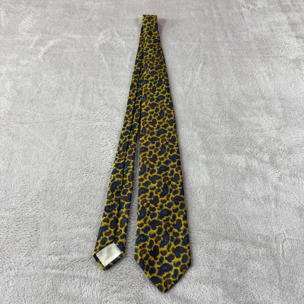 60s Brooks Brothers Mens Necktie Blue Yellow Silk Paisley Vintage 54x3.75 Short
